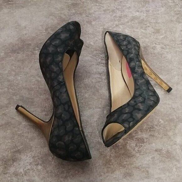 Betsey Johnson Black Brown Gold Leopard Print Peep Toe Stiletto Heel Women's 8.5 - Picture 5 of 9